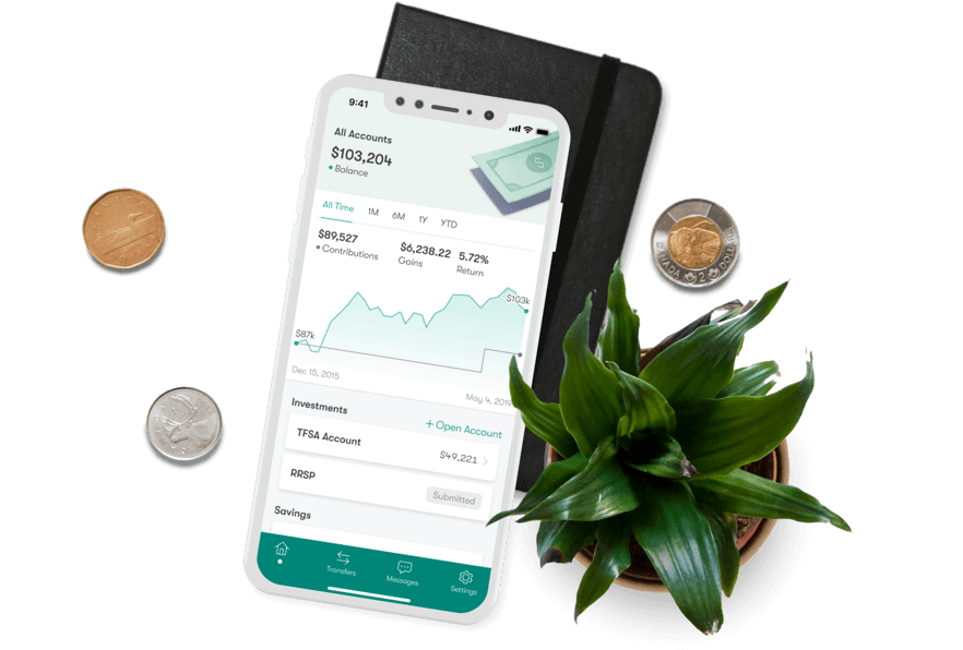 Investing mobile app with coins and a plant
