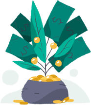 Illustration depicting financial growth: a plant with cash for leaves and coins as seeds.